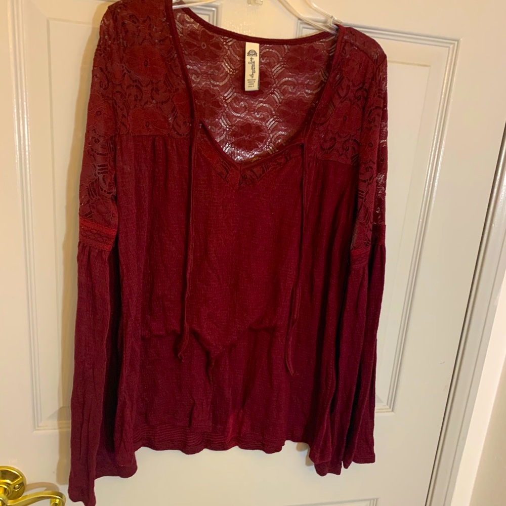 Burgundy, long sleeve blouse with lace